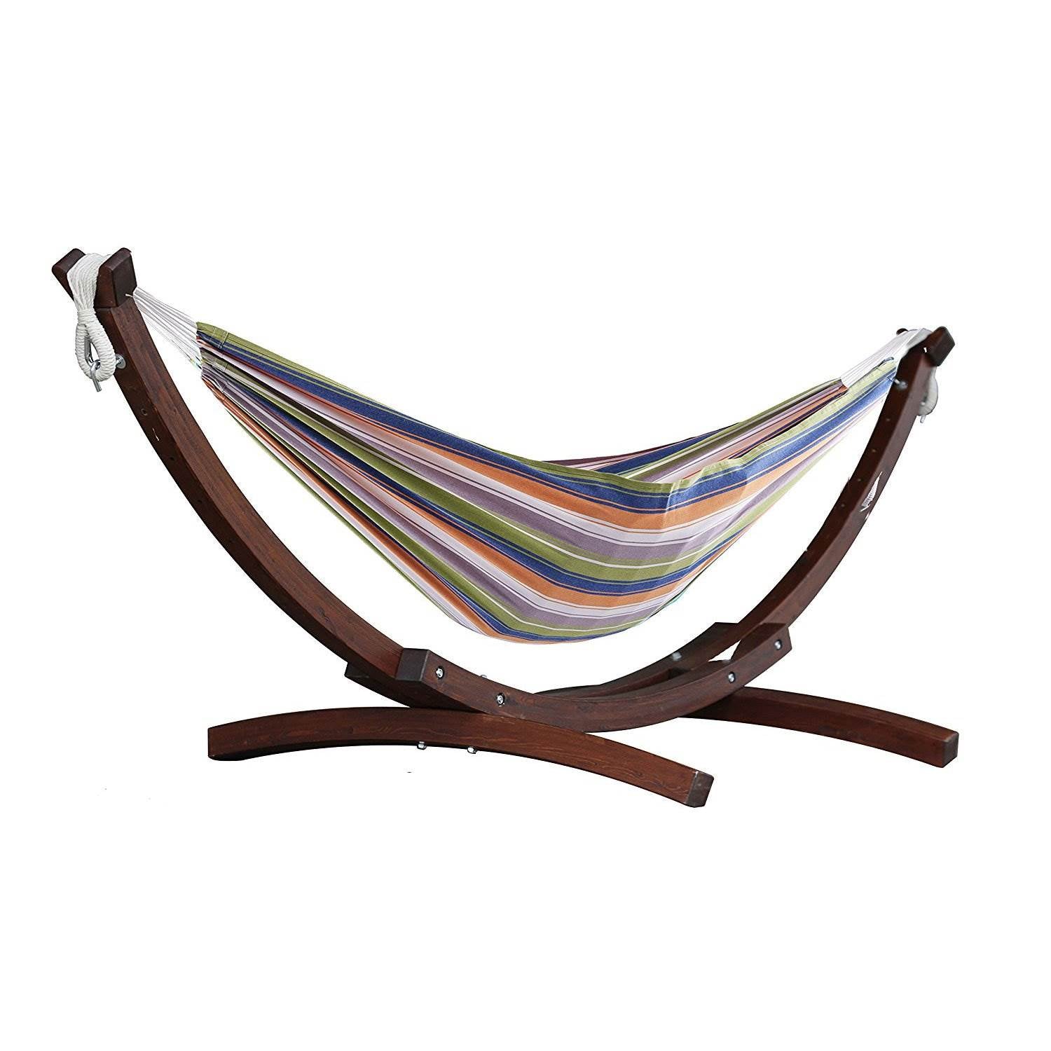 Vivere Double Cotton 2 Person Outdoor Hammock & Pine Wood Stand, Retro (2 Pack)