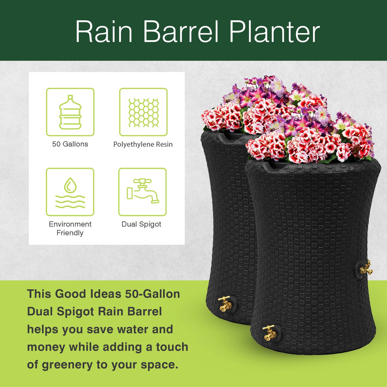 Good Ideas Impressions 50 Gallon Rain Barrel Planter, Dark Brown (For Parts) - VMInnovations