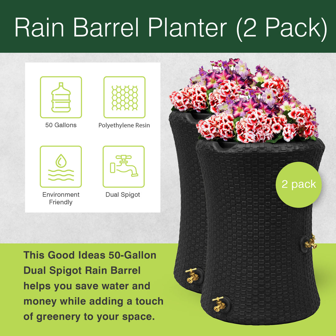 Good Ideas Impressions 50 Gal Nantucket Rain Barrel Planter, Black (2 Pack)