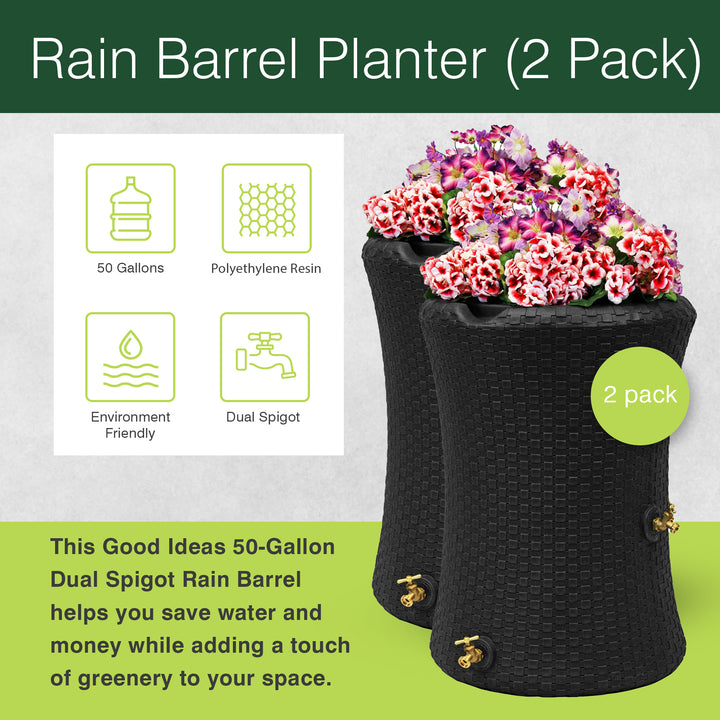 Good Ideas Impressions 50 Gal Nantucket Rain Barrel Planter, Black (2 Pack)