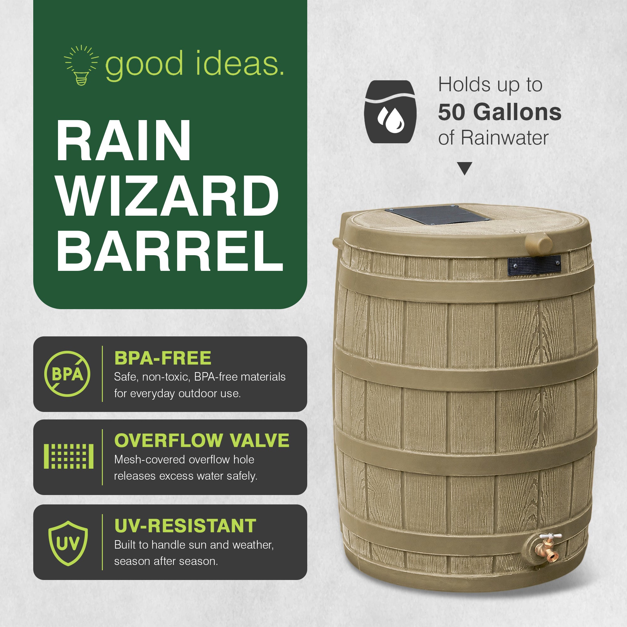 Good Ideas Rain Wizard 50 Gallon Plastic Rain Barrel Water Collector, Khaki