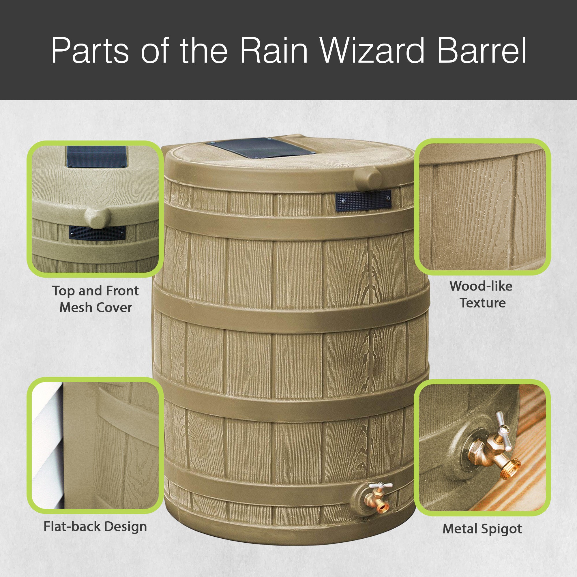 Good Ideas Rain Wizard 50 Gallon Plastic Rain Barrel Water Collector, Khaki