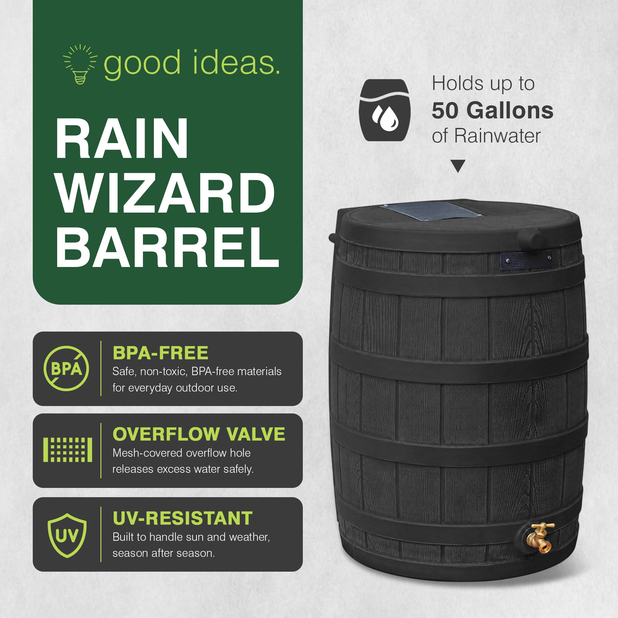 Good Ideas Rain Wizard 50G Rain Barrel Water Collector, Black (For Parts)