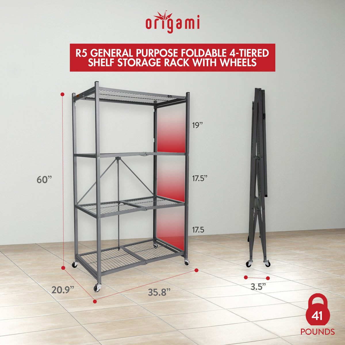 Origami Wheeled 4-Shelf Folding Steel Wire Shelving Pewter, 2 Pack (21"x36"x60")
