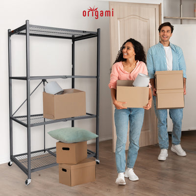 Origami Wheeled 4-Shelf Folding Steel Wire Shelving Pewter, 2 Pack (21"x36"x60")