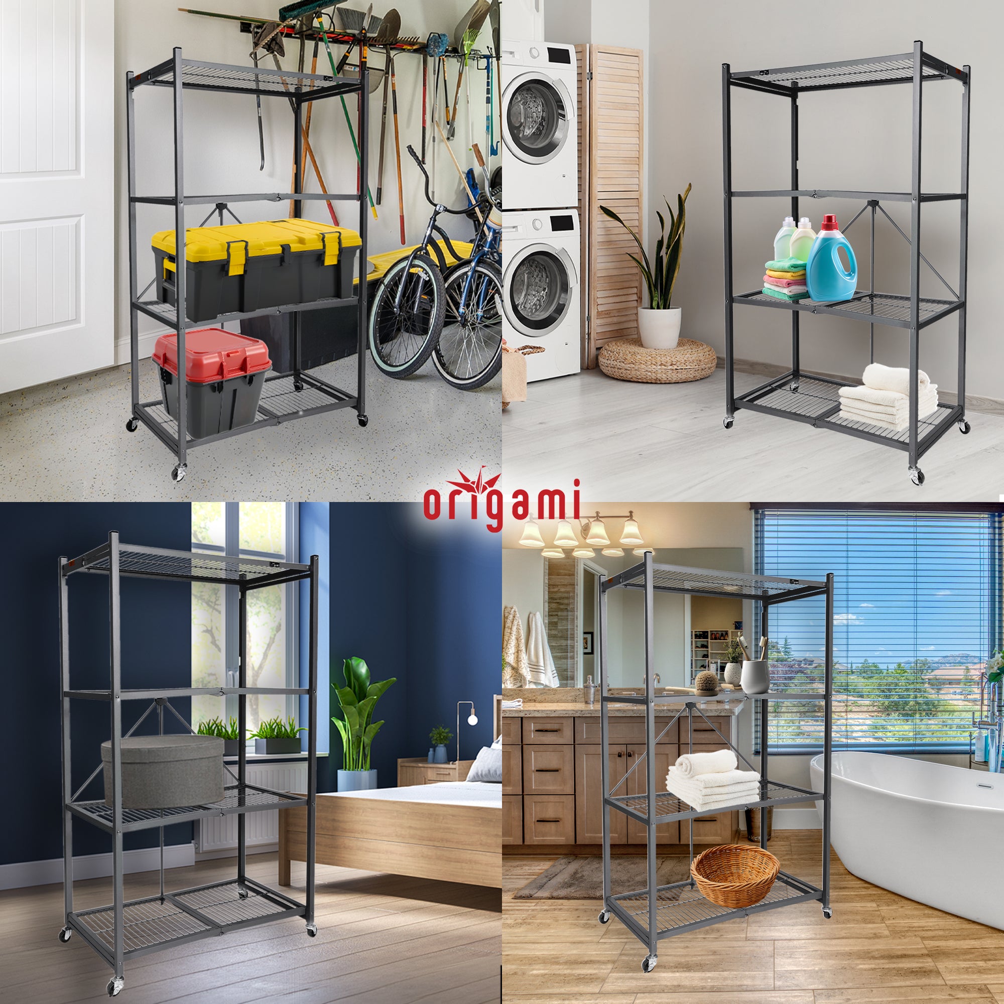 Origami Wheeled 4-Shelf Folding Steel Wire Shelving Pewter, 2 Pack (21"x36"x60")