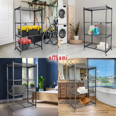 Origami Wheeled 4-Shelf Folding Steel Wire Shelving Pewter, 2 Pack (21"x36"x60")
