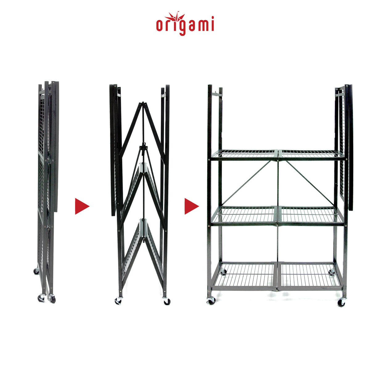 Origami Wheeled 4-Shelf Folding Steel Wire Shelving Pewter, 2 Pack (21"x36"x60")