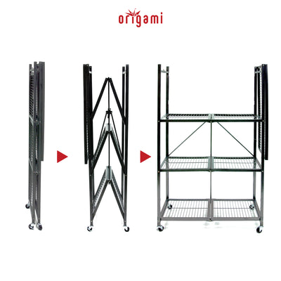 Origami Wheeled 4-Shelf Folding Steel Wire Shelving Pewter, 2 Pack (21"x36"x60")
