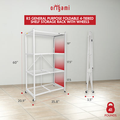 Origami Wheeled 4-Shelf Folding Steel Wire Shelving, White, 2 Pack (21"x36"x60")