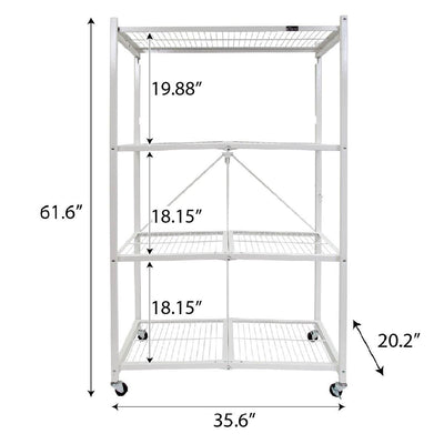 Origami Wheeled 4-Shelf Folding Steel Wire Shelving, White, 2 Pack (21"x36"x60")