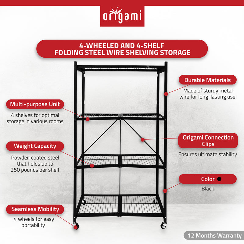 Origami R5-06W Black 4-Wheeled and 4-Shelf Folding Steel Wire Shelving Storage
