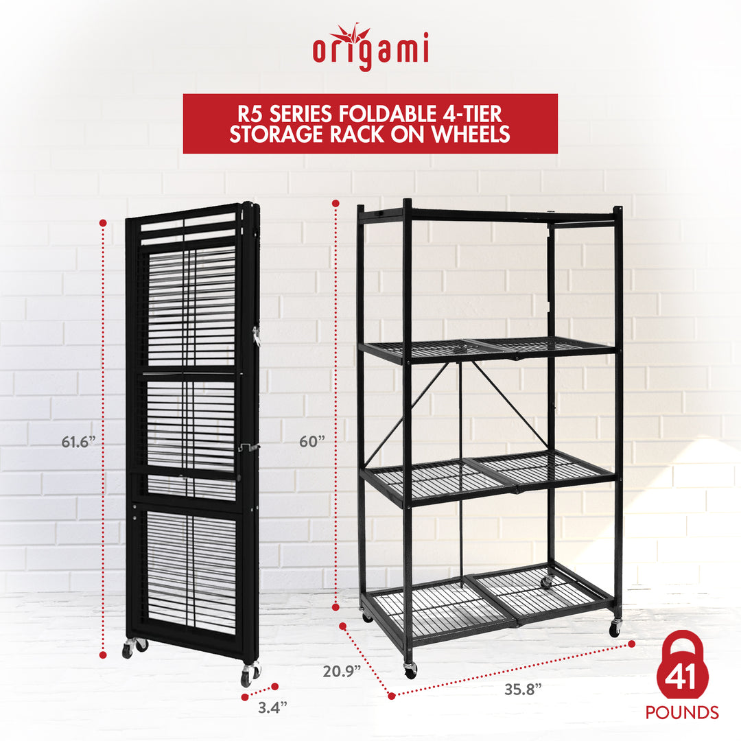 Origami 2-Pack R5-06W 4-Wheel 4-Shelf Folding Steel Wire Shelving Storage, Black