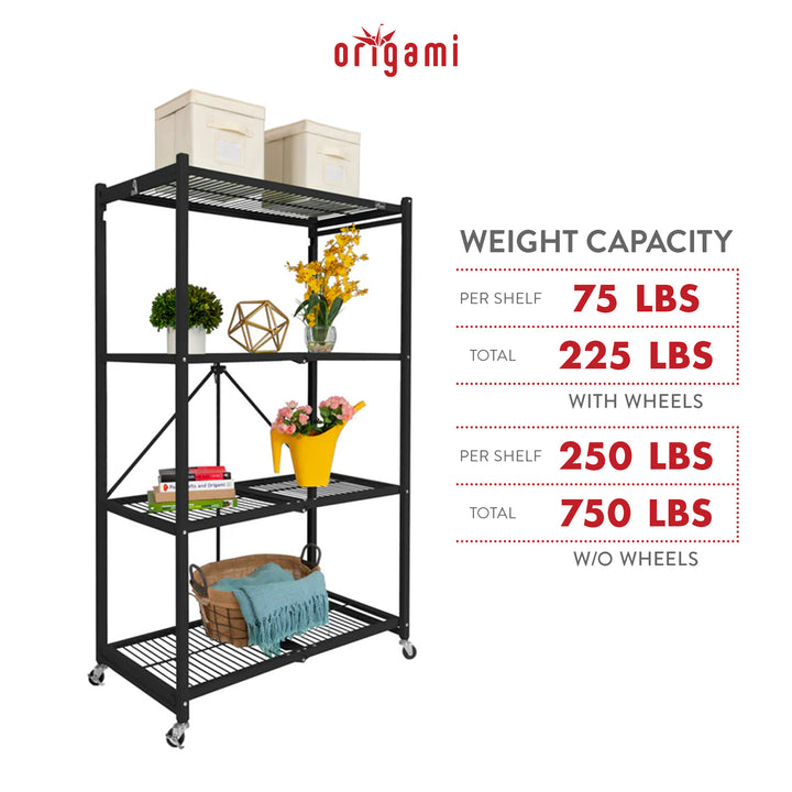 Origami 2-Pack R5-06W 4-Wheel 4-Shelf Folding Steel Wire Shelving Storage, Black