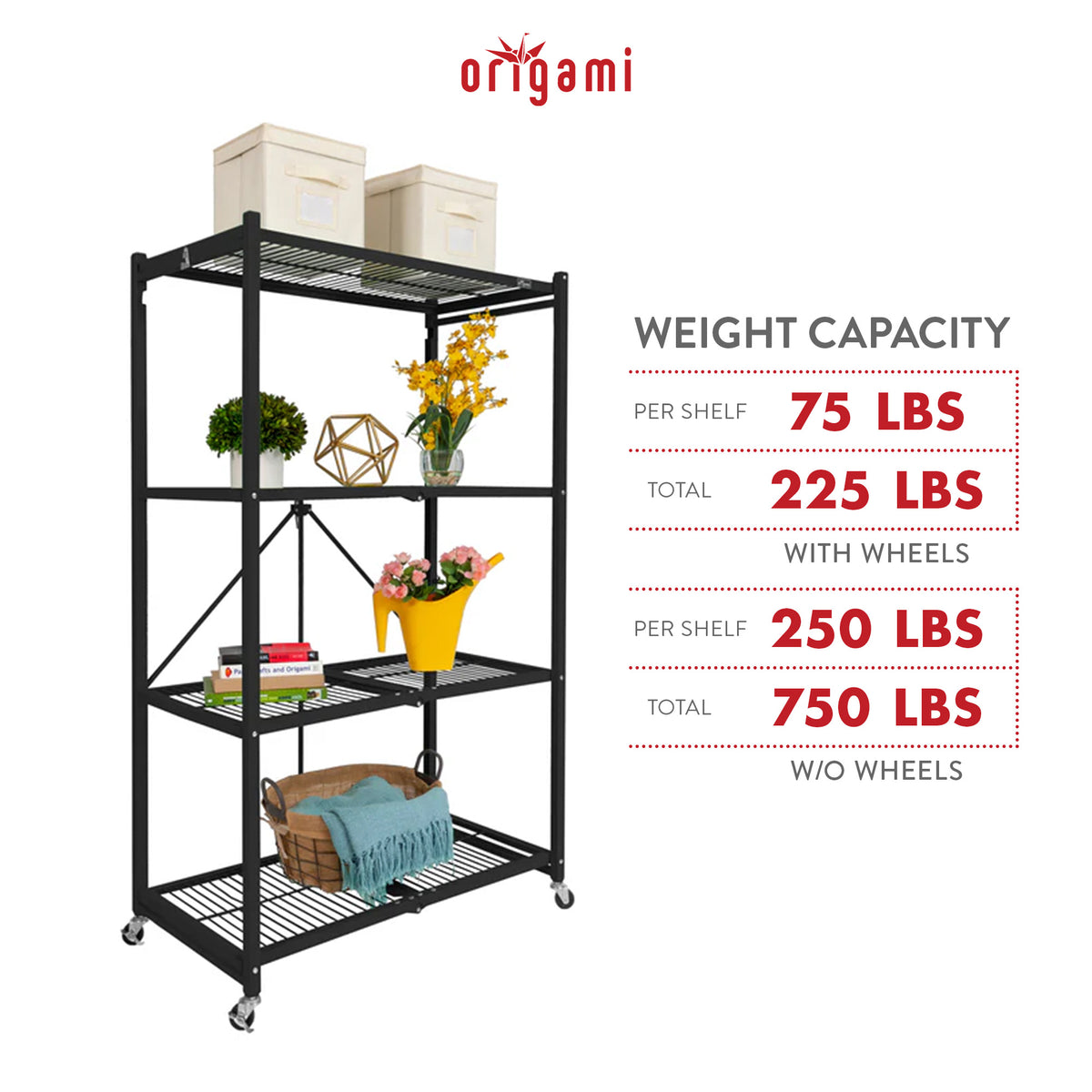 Origami R5-06W Black 4-Wheeled and 4-Shelf Folding Steel Wire Shelving Storage - VMInnovations