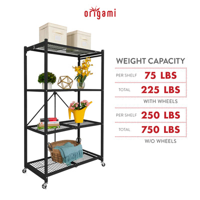 Origami 4-Pack R5-06W 4-Wheel 4-Shelf Folding Steel Wire Shelving Storage, Black