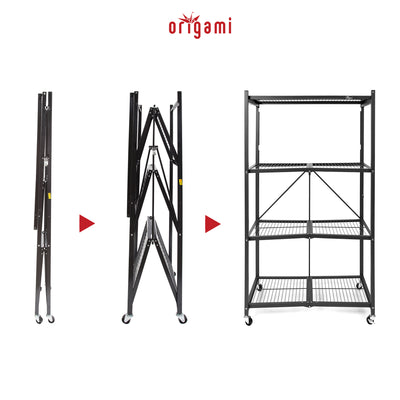 Origami 4-Pack R5-06W 4-Wheel 4-Shelf Folding Steel Wire Shelving Storage, Black