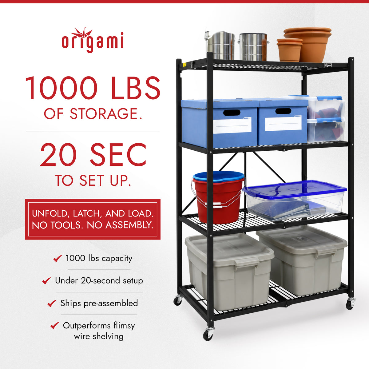 Origami R5-06W Black 4-Wheeled and 4-Shelf Folding Steel Wire Shelving Storage