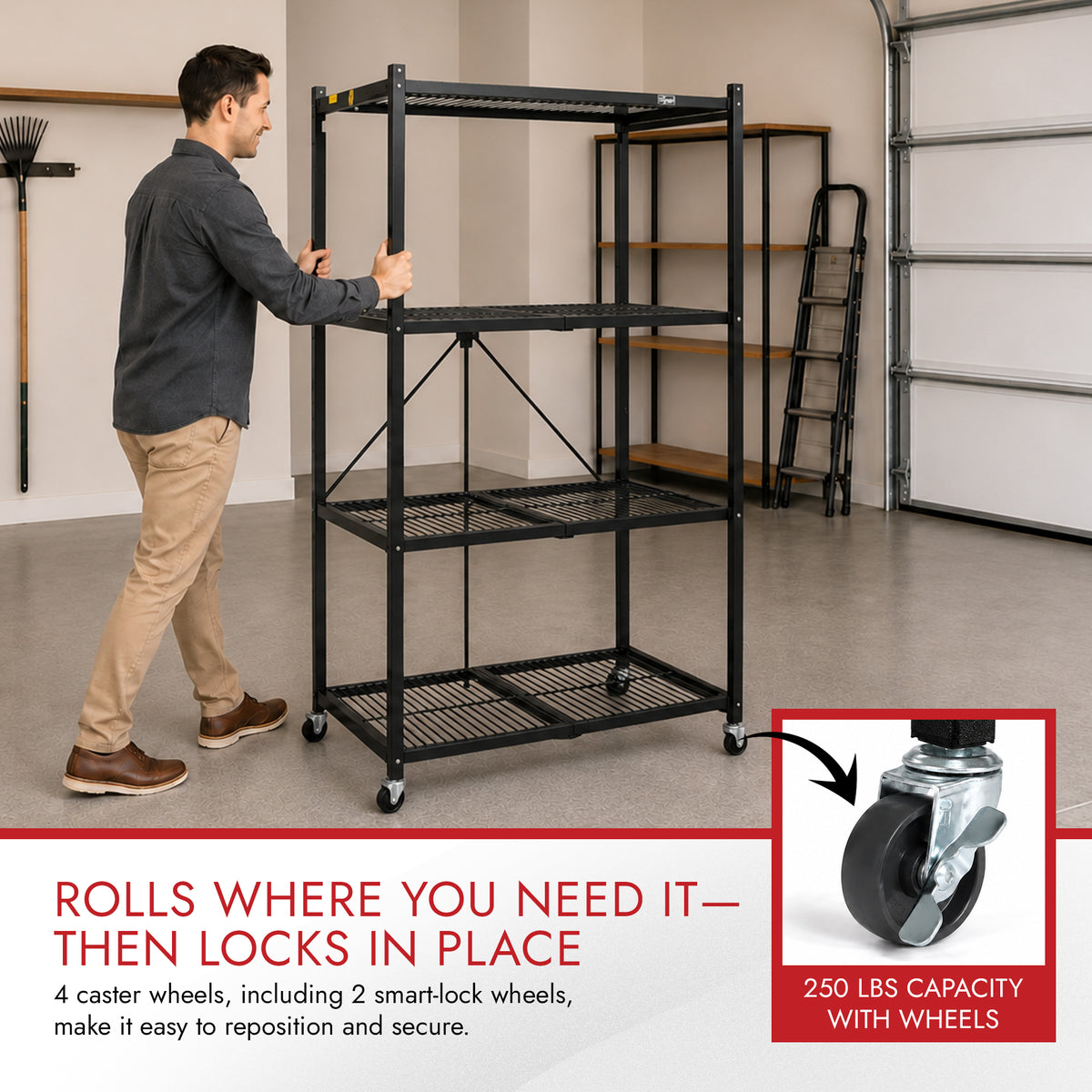 Origami R5-06W Black 4-Wheeled and 4-Shelf Folding Steel Wire Shelving Storage