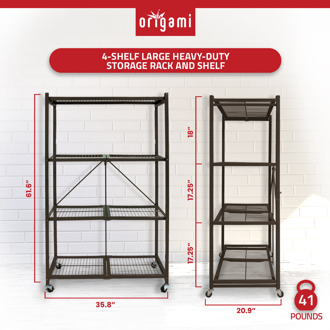 Origami 4-Pack R5-06W 4-Wheel 4-Shelf Folding Steel Wire Shelving Storage, Brown