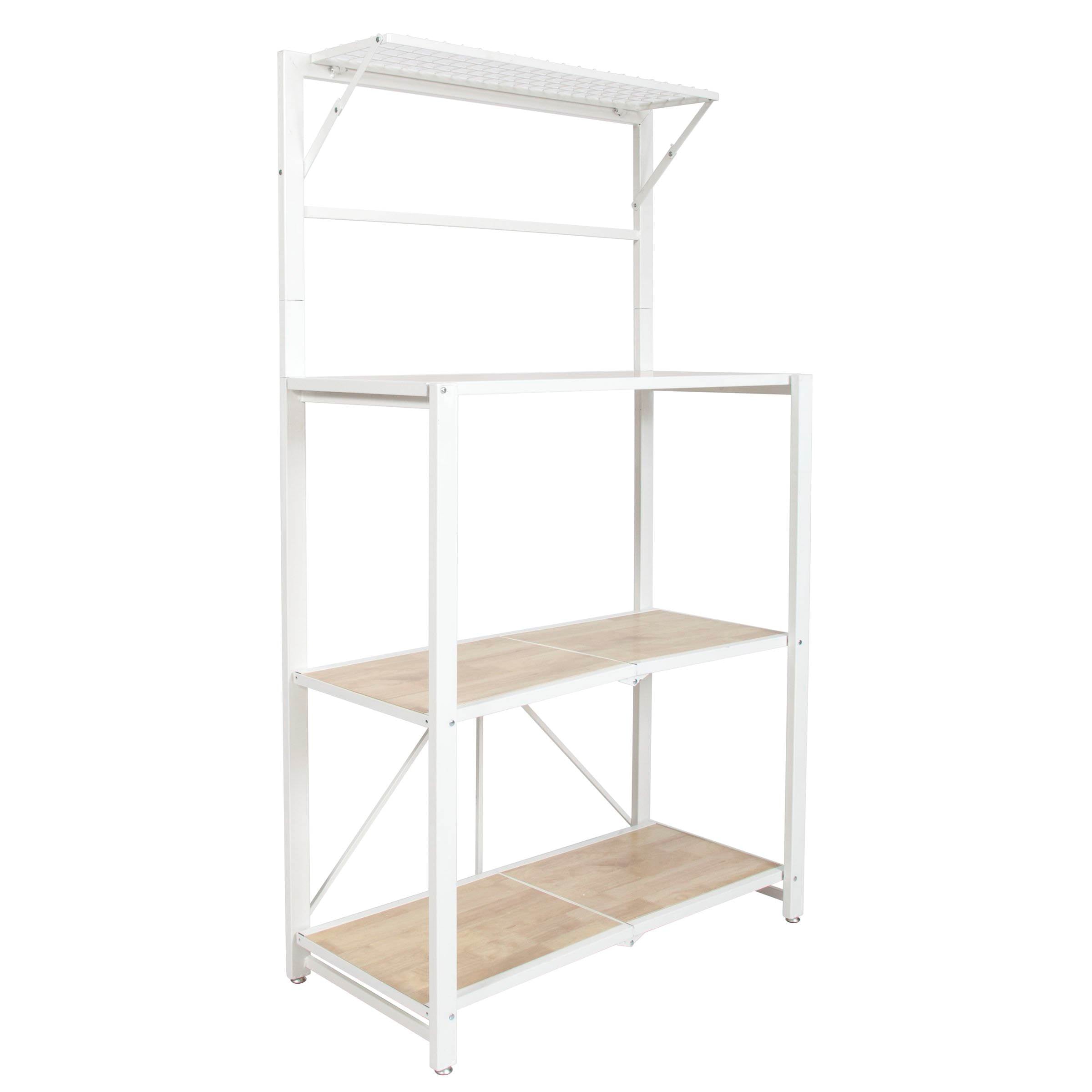 Origami Folding 4-Tier Heavy Duty Steel Baker's Rack with Wood Shelf, White
