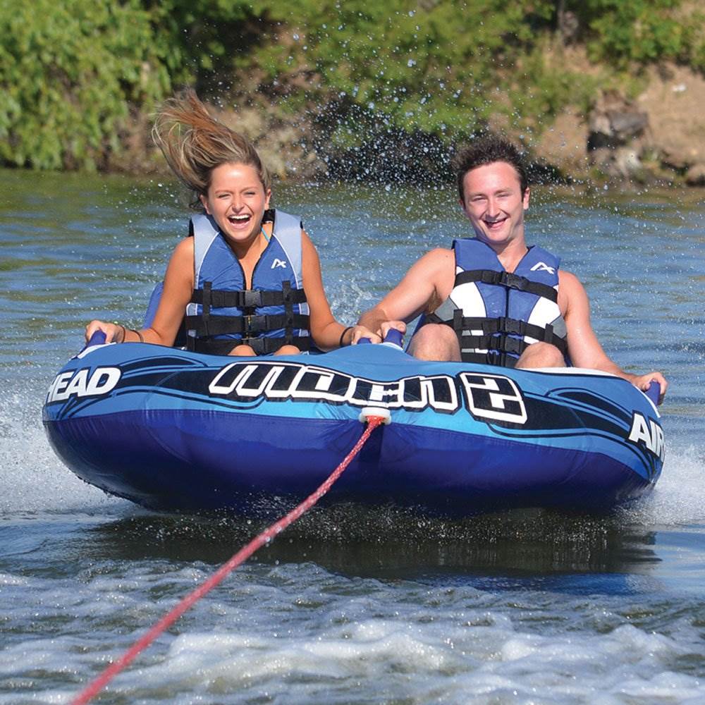 Airhead Mach 2 Inflatable 2 Rider Cockpit Lake Water Towable Tube, Blue (2 Pack)