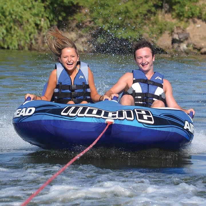 Airhead Mach 2 Inflatable 2 Rider Cockpit Lake Water Towable Tube, Blue (2 Pack)