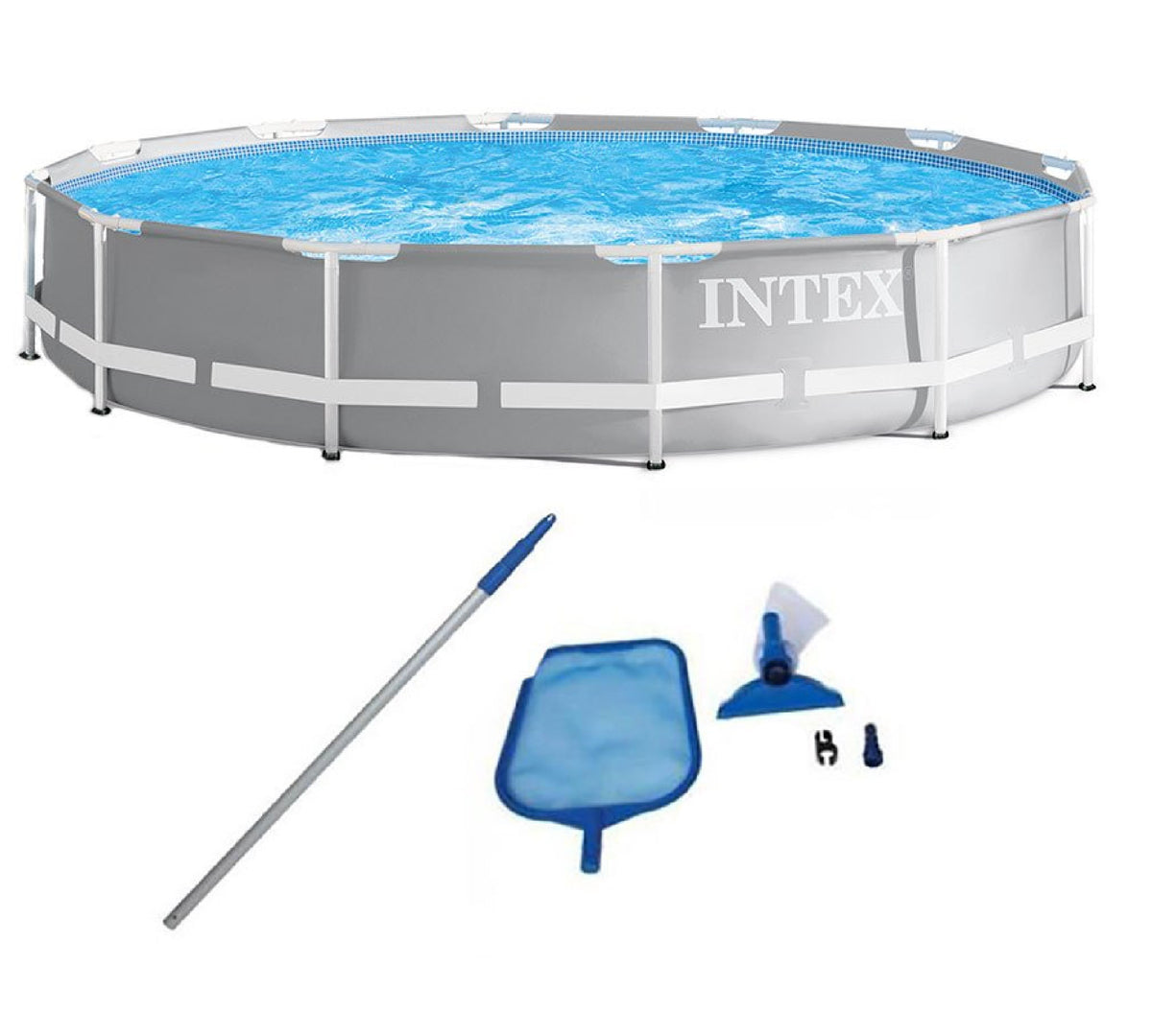 Intex Steel Frame Above Ground Pool & Maintenance Kit with Vacuum Skimmer & Pole