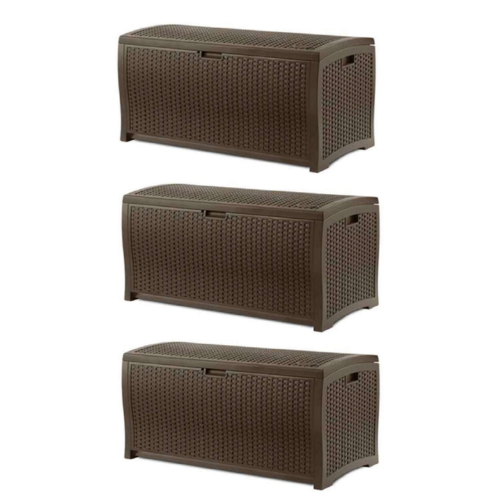 Suncast 73 Gallon Waterproof Resin Wicker Outdoor Patio Storage Deck Box, 3 Pack