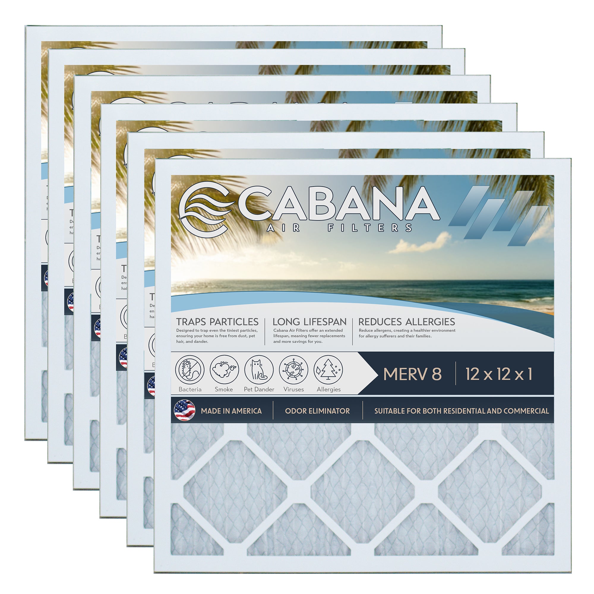 Cabana Air Filters 6 Pack HVAC Furnace Air Filters, MERV 8, 12 x 12 x 1, White - VMInnovations