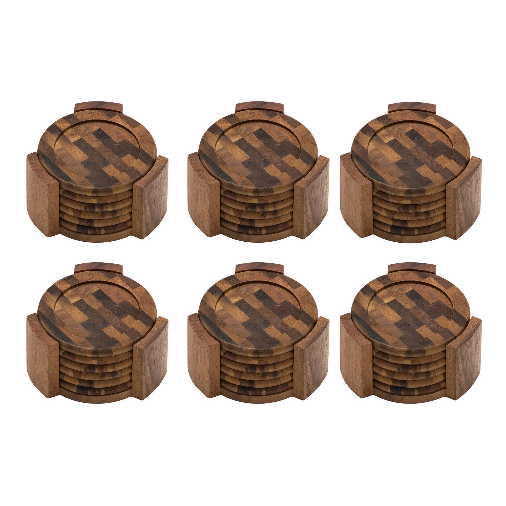 Lipper International Acacia Wood End Grain 7 Piece Coaster Set & Holder (6 Pack)