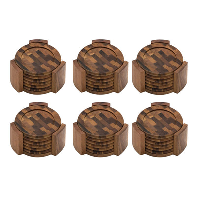Lipper International Acacia Wood End Grain 7 Piece Coaster Set & Holder (6 Pack)