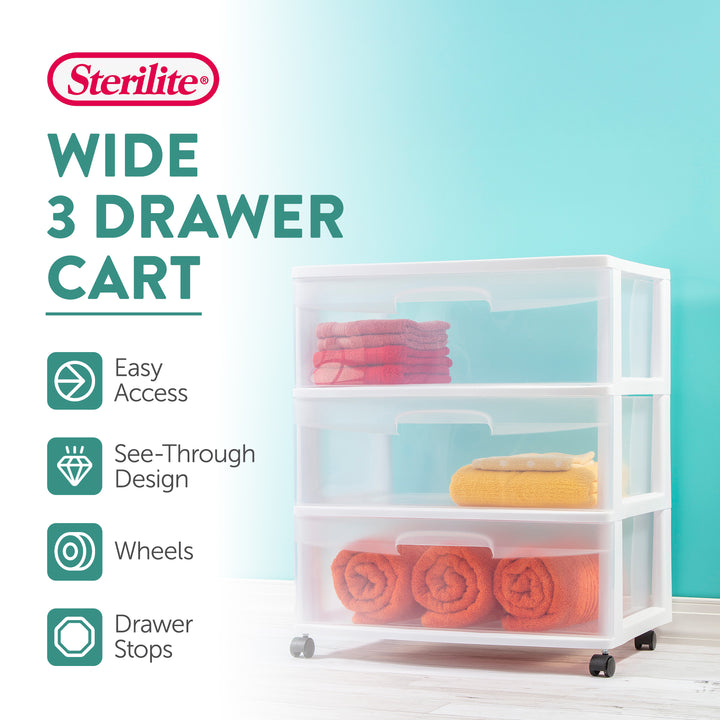 Sterilite At Home 3 Drawer Wide Storage Cart Container with Casters (4 Pack)