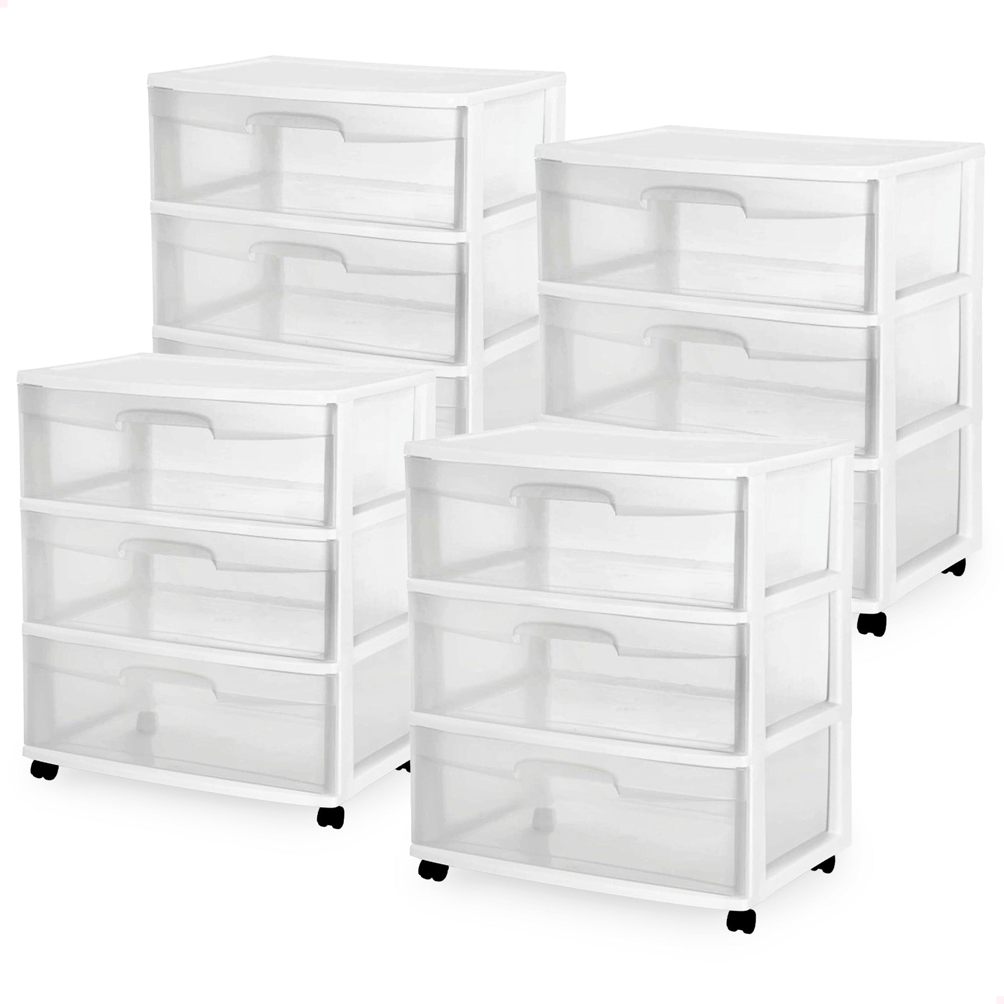 Sterilite At Home 3 Drawer Wide Storage Cart Container with Casters (4 Pack)