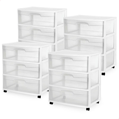 Sterilite At Home 3 Drawer Wide Storage Cart Container with Casters (4 Pack)