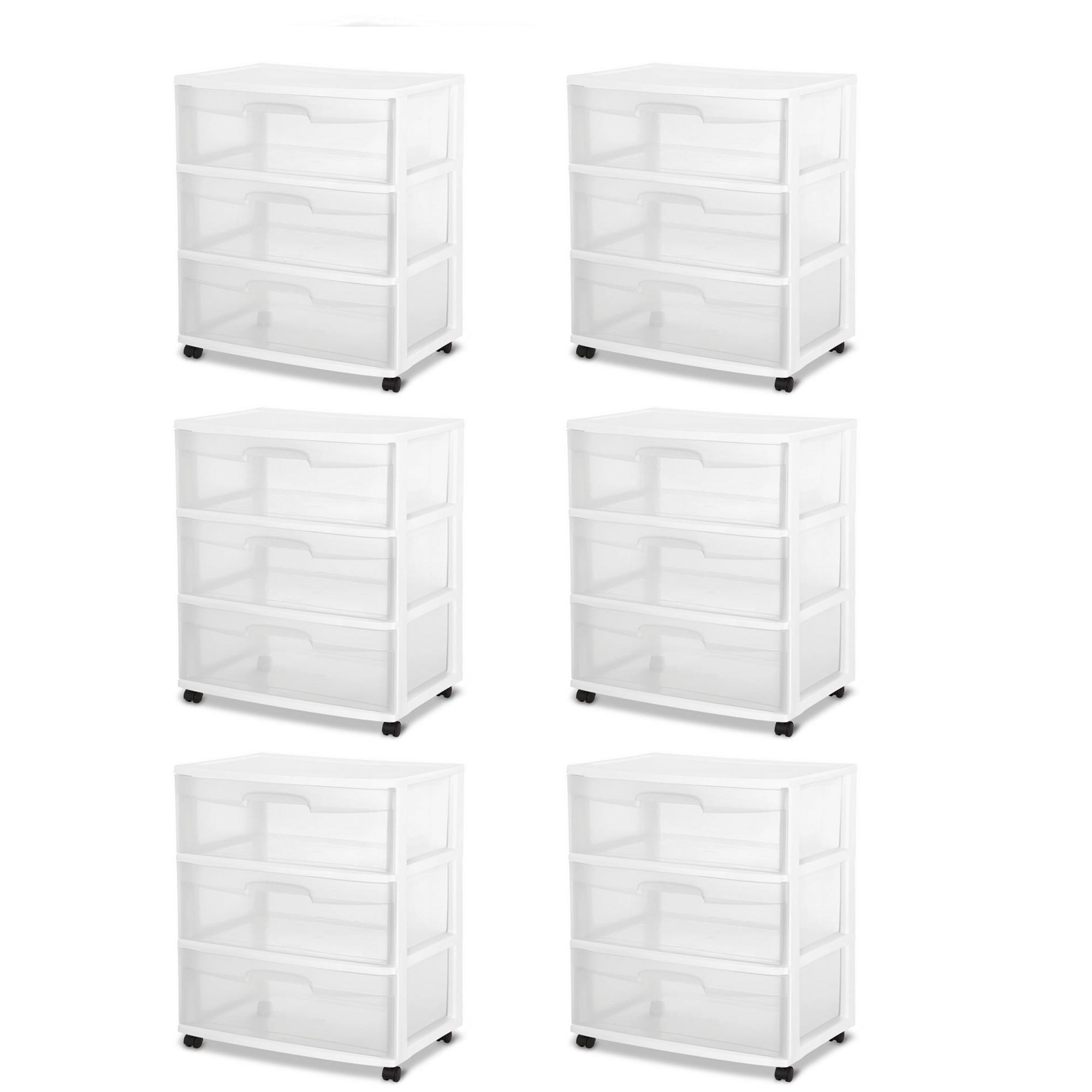 Sterilite At Home 3 Drawer Wide Storage Cart Container with Casters (6 Pack)