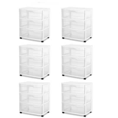 Sterilite At Home 3 Drawer Wide Storage Cart Container with Casters (6 Pack)