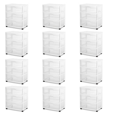 Sterilite At Home 3 Drawer Wide Storage Cart Container with Casters (12 Pack)
