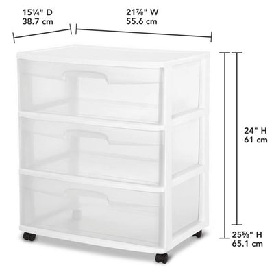 Sterilite At Home 3 Drawer Wide Storage Cart Container with Casters (12 Pack)