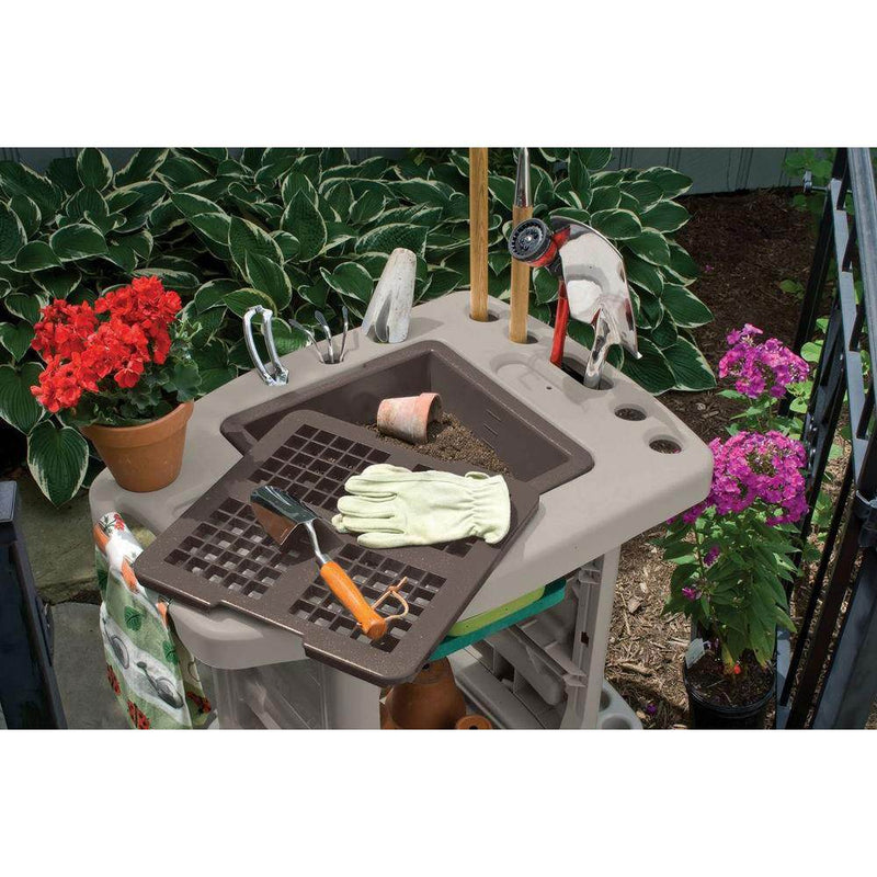 Suncast Portable Outdoor Garden Center Station Tool Cart, Light Taupe (2 Pack) - VMInnovations