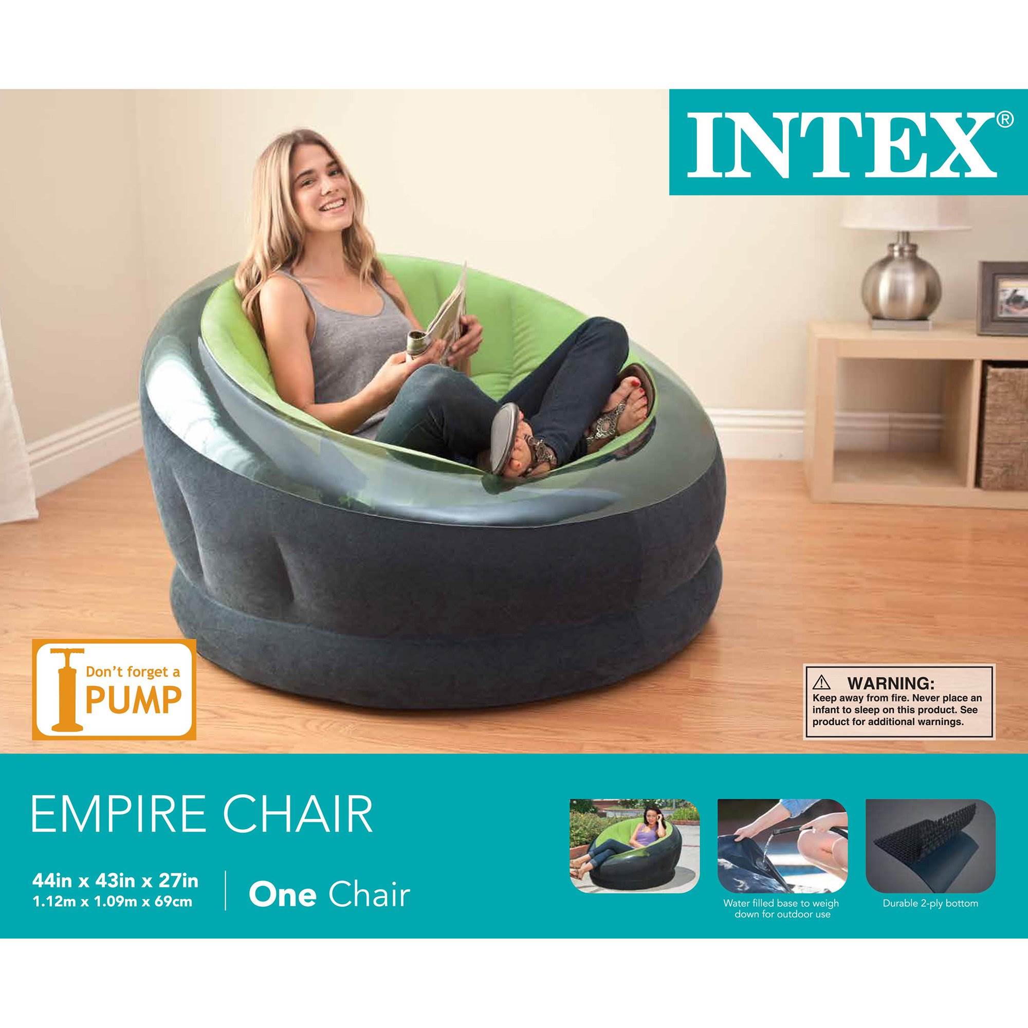 Intex Empire Inflatable Blow Up Lounge Dorm Camping Chair, Lime Green (Open Box) - VMInnovations