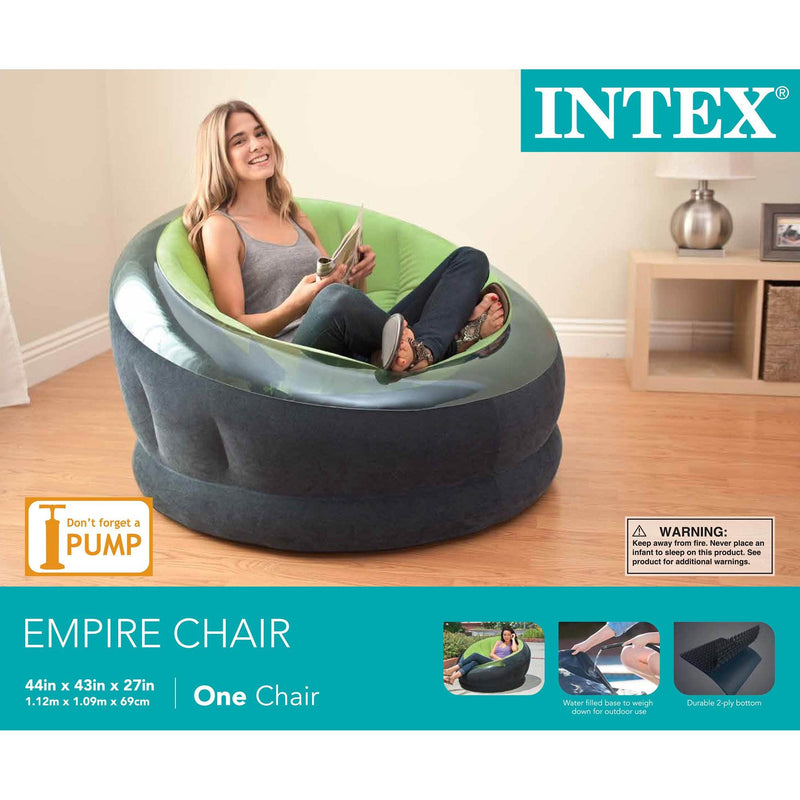 Intex Empire Inflatable Blow Up Lounge Dorm Camping Chair, Lime Green (Open Box)