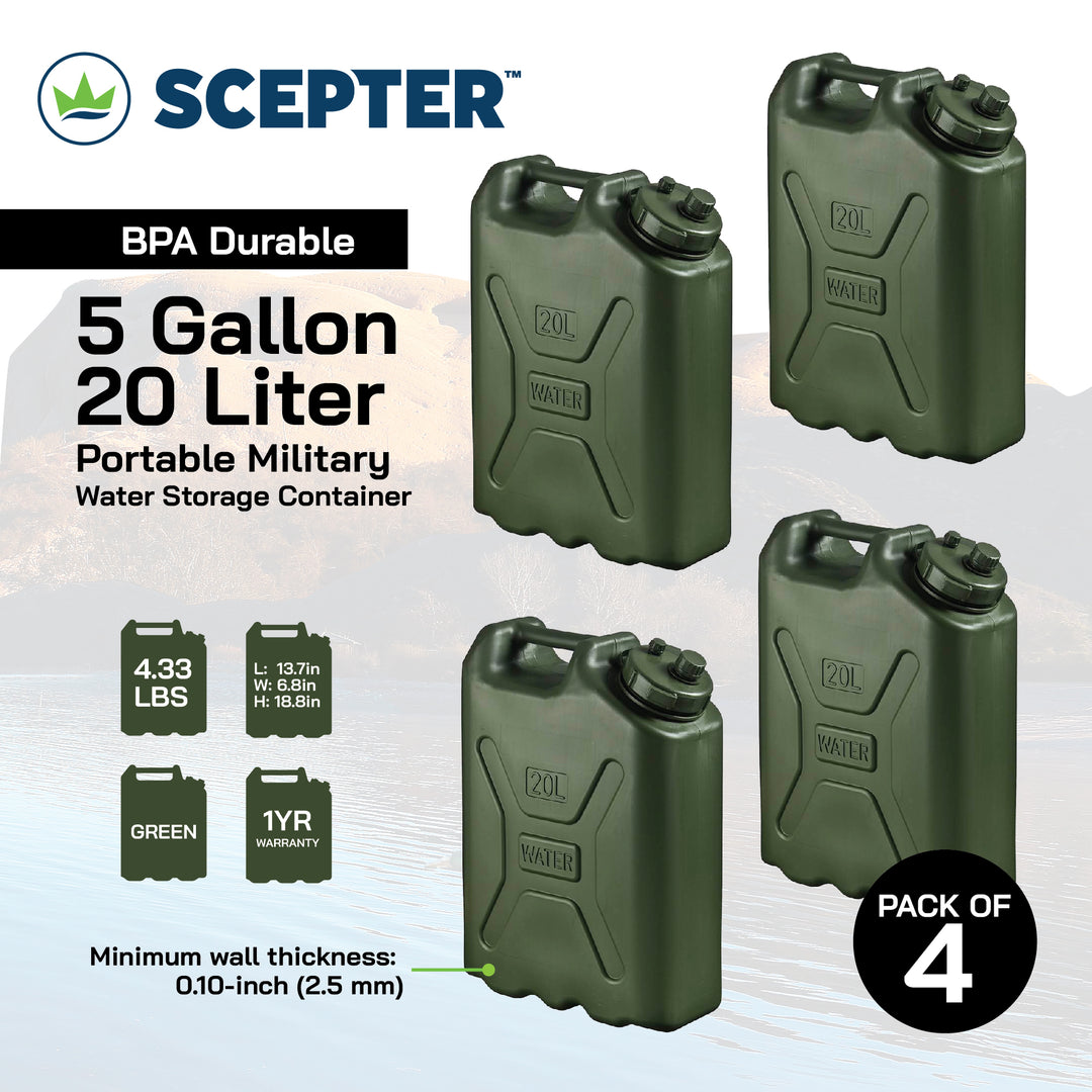 Scepter BPA Durable 5 Gallon 20 Liter Portable Water Storage Container (4 Pack)