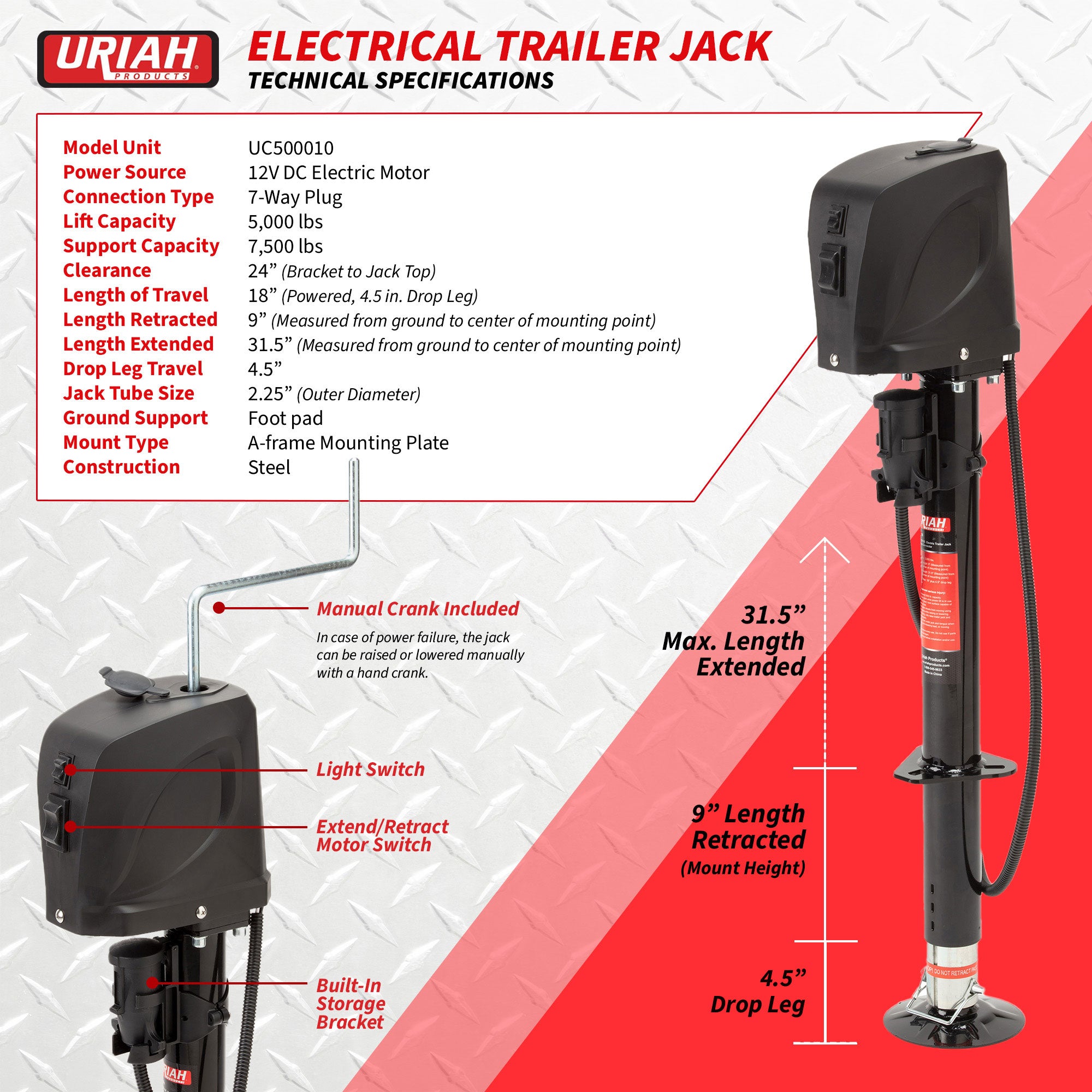 Uriah Products Electric 7 Way Connector Trailer Jack (For Parts) - VMInnovations