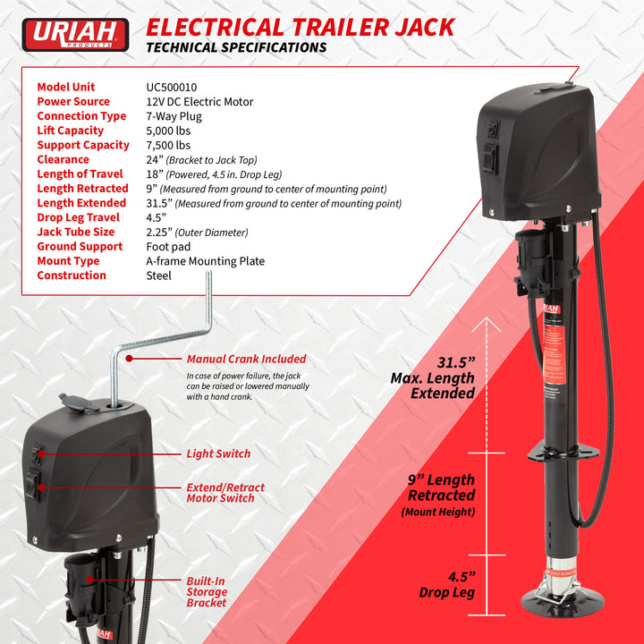 Uriah Products Electric 12V 7 Way Connector 5000 Lb Lift Capacity Trailer Jack