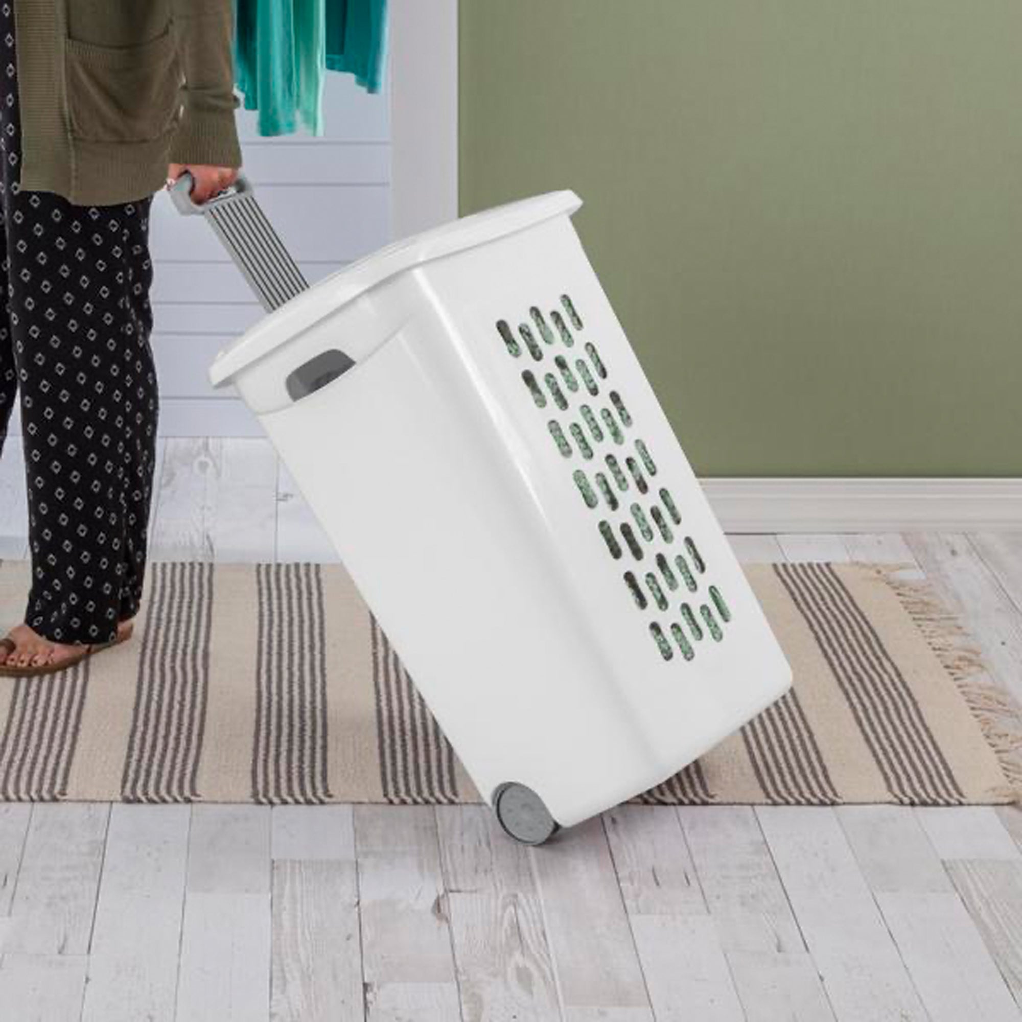 Sterilite White Laundry Hamper With Lift-Top, Wheels, And Pull Handle, 4 Pack - VMInnovations
