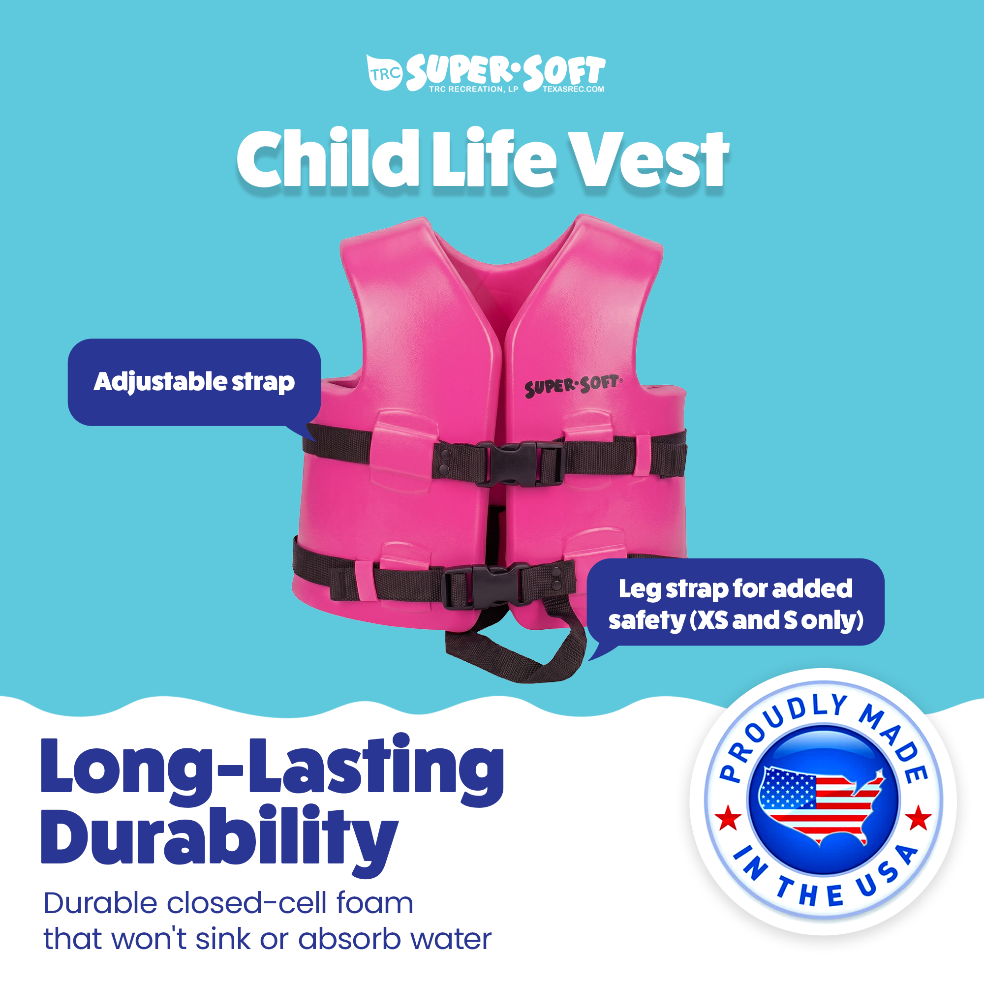 TRC Recreation Super Soft Child Life Jacket Swim Vest, X Small, Flamingo Pink - VMInnovations