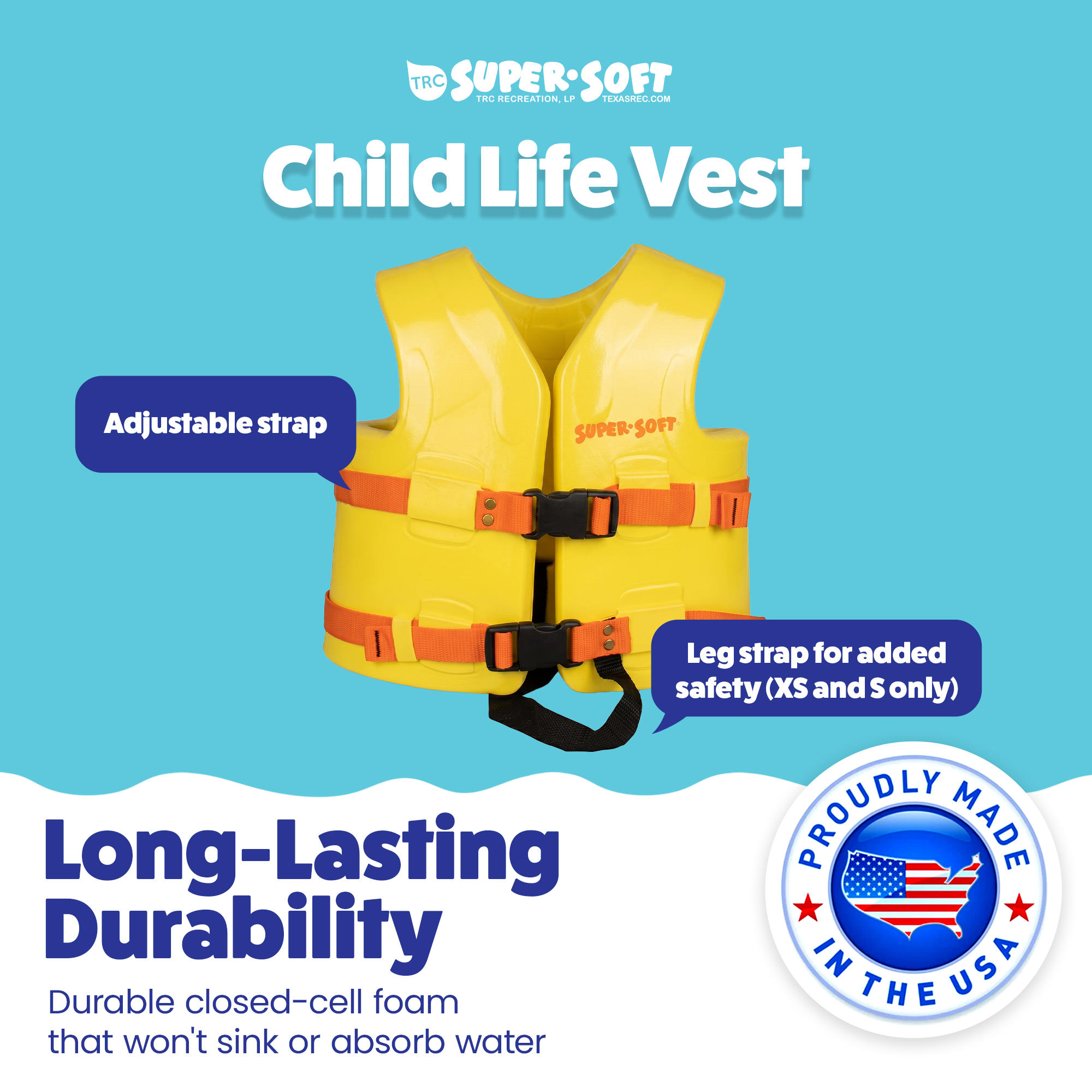 TRC Recreation Super Soft Child Life Jacket Swim Safety Vest, Small, Yellow - VMInnovations