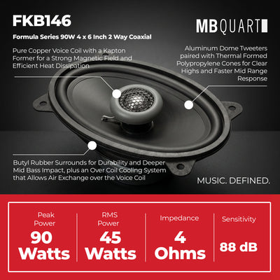 MB Quart Formula 2 Way Coaxial 90W 4 x 6 Inch Car Speakers (2 Pack)