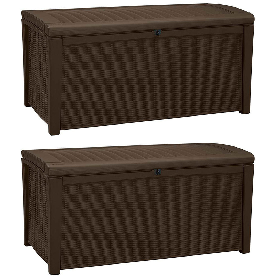 Keter Borneo 110 Gallon Rattan Resin Patio Storage Deck Box and Bench (2 Pack)